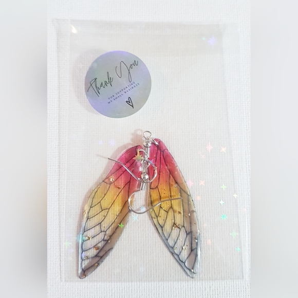 Winging It Earrings Red and Yellow Transluscent Wings Handmade Jewelry - Picture 7 of 12